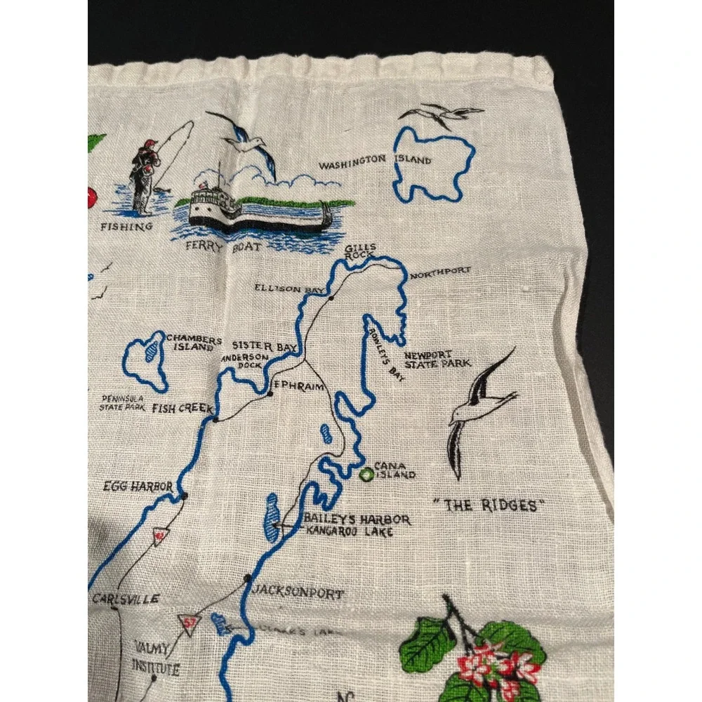 Vintage Door County Wisconsin Souvenir Map Linen Tea Towel Kitchen Decor 15x28